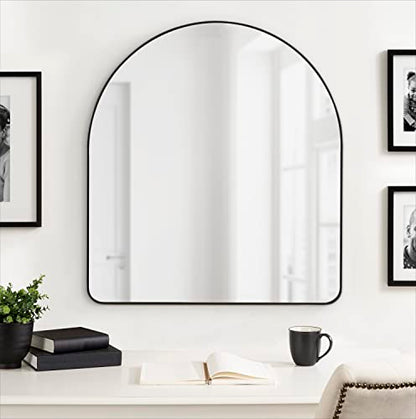 Zayda Modern Round Arch Framed Statement Wall Mirror, 32 x 36, Black, Metal Minimalist Farmhouse Arched Wall Mirror with Smooth Curves