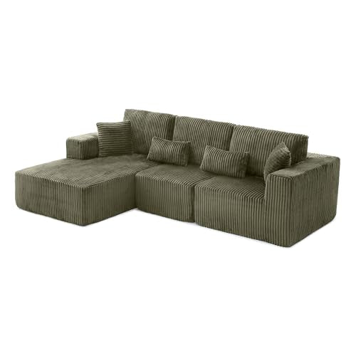 109" Modular L-Shaped Corner Cloud Sofa Corduroy Modular Couches with Deep Seat, 3 Pieces Compressed Boneless Sofa W/Left Chaise Lounge and 4 Pillows for Living Room
