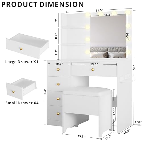 Vanity Desk with Mirror and Lights, White, view 4