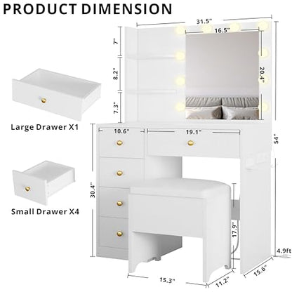 Vanity Desk with Mirror and Lights, White, view 4