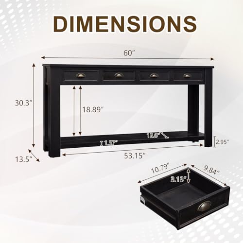 Long Sofa Table - Black 60 Inch Console Tables for Living Room, Hallway Table with 4 Drawers, Modern Wood Entryway Table with Storge Shelf