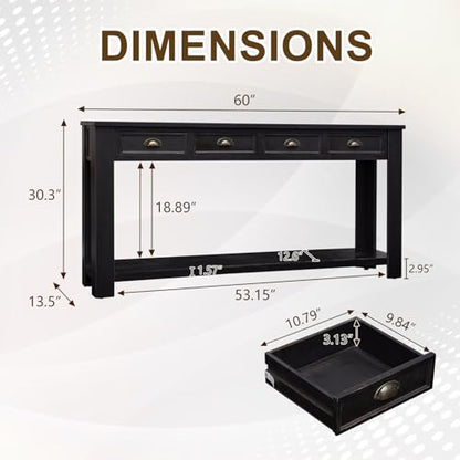 Long Sofa Table - Black 60 Inch Console Tables for Living Room, Hallway Table with 4 Drawers, Modern Wood Entryway Table with Storge Shelf