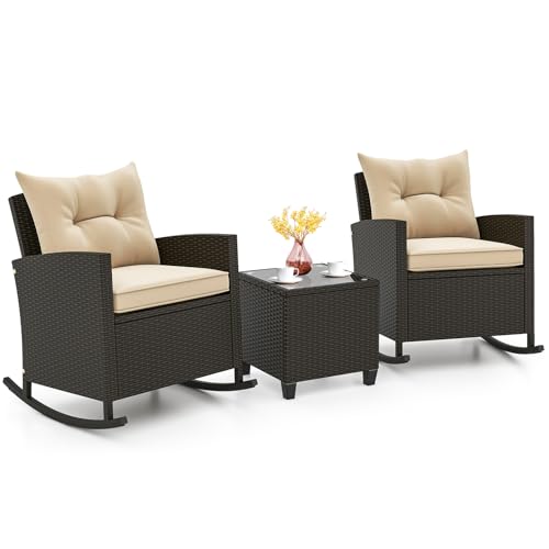 3 Piece Patio Furniture Rocking Bistro Set, Wicker Outdoor Rocking Chairs & Glass Table, PE Rattan Conversation Set for Porch, Balcony, Deck, Poolside (Mix Brown- Beige)
