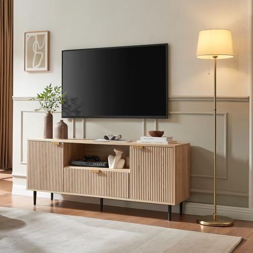 Modern Fluted TV Stand for 65 Inch TVs with Drawer, Oak | Modern fluted TV stand with drawer, storage cabinets, soft-close hinges and cable management, perfect for living rooms.