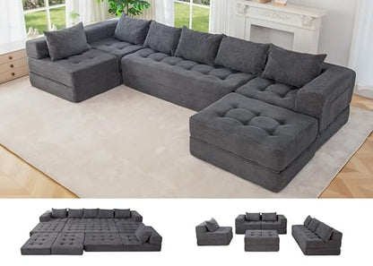 Modular Sectional Sofa Couch, Foldable U Shaped Cloud Couch with Pillows, Tufted 7-Seat Boneless Lounger Floor Sofa Bed for Living Room, No Assembly Required, Dark Grey