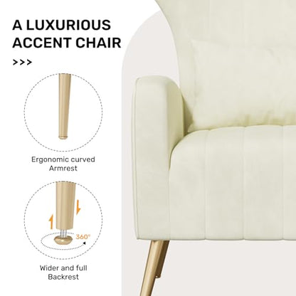 Velvet Accent Chair Wingback for Living Room, High Back Arm Chair with Golden Legs Lumbar Pillow, Upholstered Single Sofa Bedroom Beige