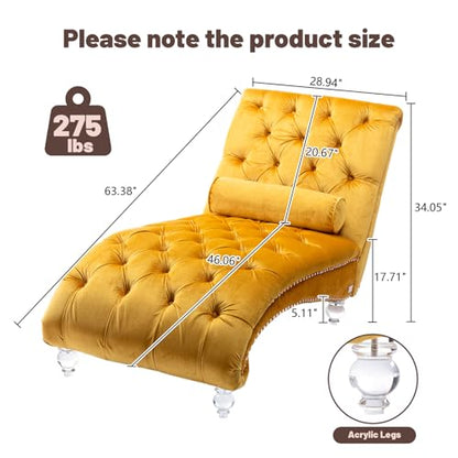 Chaise Lounge Chair Indoor Mustard Velvet Upholstered Button Tufted Chaise, view 3