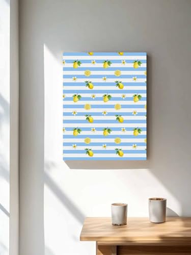 NuYeBiofx Country Lemon Flower Blue Stripe Canvas Wall Art Prints,30"x20" Framed Picture Artwork Farmhouse Fruit Floral Line Printed Canvas Oil Painting for Living Room Bedroom Office,Ready to Hang
