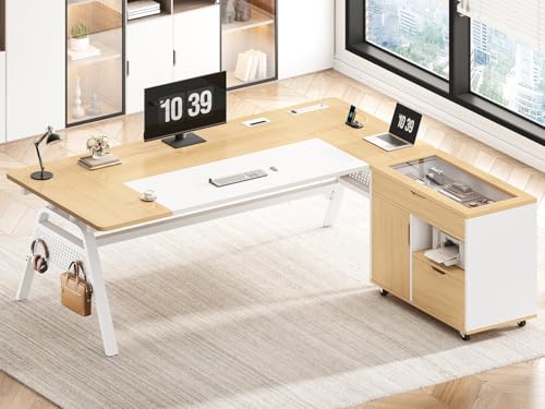 L Shaped Computer Desk with Mobile File Cabinet & Power Outlets, Executive Home Office Desk with Storage Drawers, Pegboard, Cable Management, Reversible L Desk for Work & Gaming, White + Oak