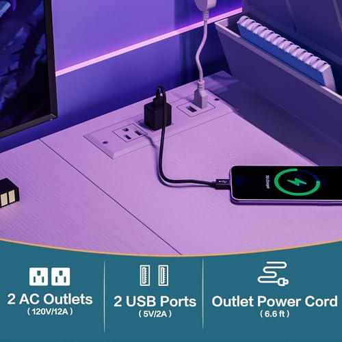 33.7" Computer Desk with Power Outlets, LED Lights & Drawer, view 7