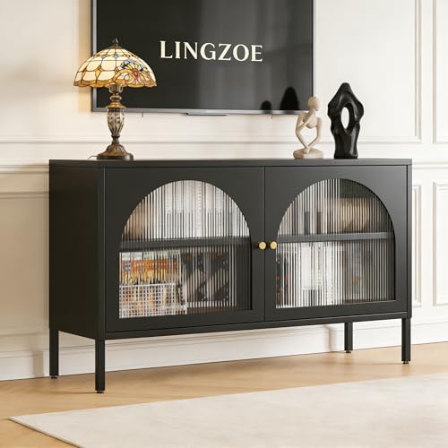 Metal Locker TV Stand, Accent Storage Cabinet with 2 Acrylic Doors, Low Hallway Cabinet with Adjustable Shelf, Sideboard for Home,Office,Entryway,Dining/Living Room,Bedroom,Black