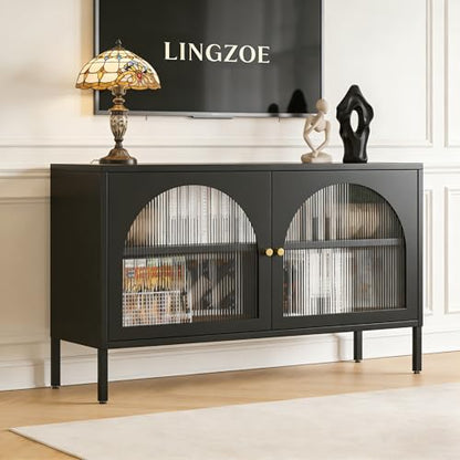 Metal Locker TV Stand, Accent Storage Cabinet with 2 Acrylic Doors, Low Hallway Cabinet with Adjustable Shelf, Sideboard for Home,Office,Entryway,Dining/Living Room,Bedroom,Black