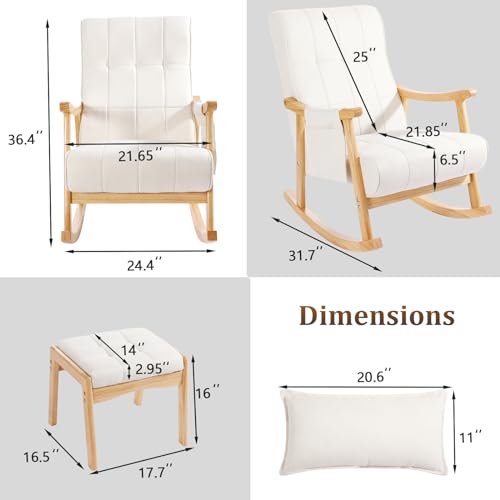 Upholstered Rocking Chair with Ottoman, Modern Indoor Nursery Glider Rocker Chair, Solid Wood High Back Armchair with Fabric Padded Seat for Living Room Bedroom