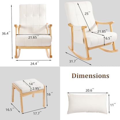 Upholstered Rocking Chair with Ottoman, Modern Indoor Nursery Glider Rocker Chair, Solid Wood High Back Armchair with Fabric Padded Seat for Living Room Bedroom