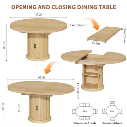 47″–63″ Extendable Round Dining Table for 4–8 with Dust-Proof 2-Tier Storage Shelf Space-Saving Expandable Dining Room Table Wood Oval Circle Dining Table with Pedestal Base (Natural)