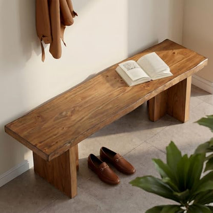 55 Inch Wooden Entryway Bench with Live Edge, Solid Wood Shoe Bench for Entrance, End of Bed for Bedroom, Entryway, Hallway, Indoor, Rustic Brown