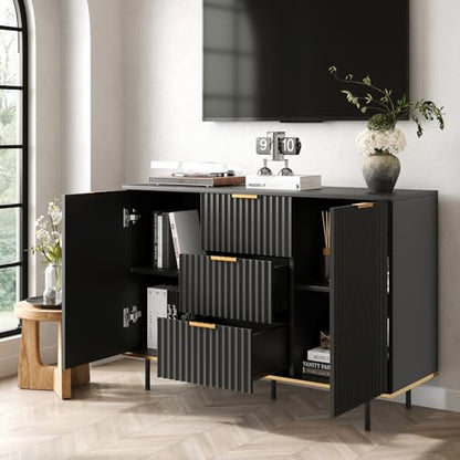 Fluted Sideboard Buffet Cabinet with Storage, 47.2" Modern Coffee Bar Station with Adjustable Shelves and Doors, Wood Accent Cupboard for Dining Room, Entryway, Living Room, Black