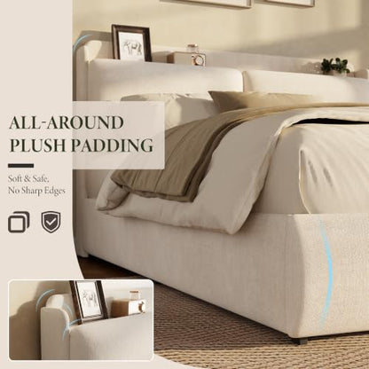 Queen Upholstered Bed Frame with Shelf & Drawers- Beige, view 6