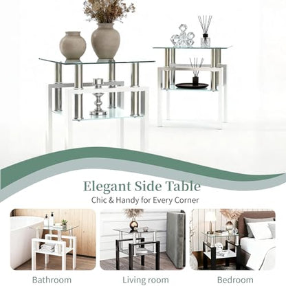 White two-tier glass top square side table with metal legs, view 6