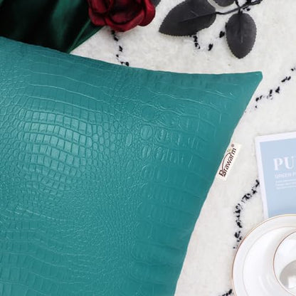 Faux Leather Pillow Covers 18 X 18 Inches, Teal Leather Pillow Covers Pack of 2, Crocodile Leather Decorative Throw Pillows for Living Room Couch Bed Sofa Home