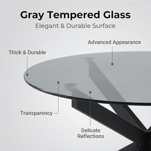 Black Round Glass Coffee Table for Living Room, Home Office, Modern & Simple Center Table with Gray Tempered Glass Top, 35.5" Wx19.7 H