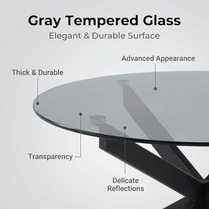 Black Round Glass Coffee Table for Living Room, Home Office, Modern & Simple Center Table with Gray Tempered Glass Top, 35.5" Wx19.7 H