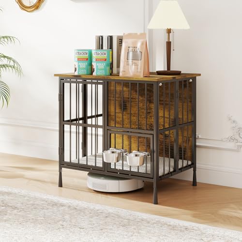 27'' Foldable Dog Crate Furniture, Small Dog Kennel with 2 Bowls, view 3
