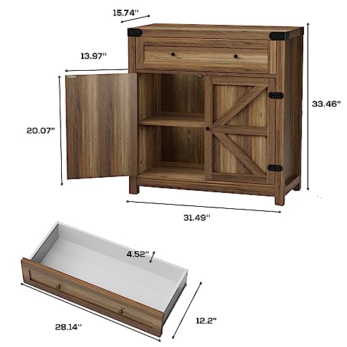 Coffee Bar Cabinet Farmhouse Kitchen Sideboard Buffet Cabinet with Drawer and Adjustable Shelf Barn Door Storage for Kitchen, Dining Room, Bathroom, Entryway (Brown)