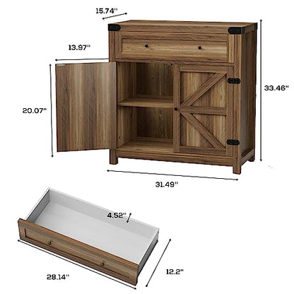 Coffee Bar Cabinet Farmhouse Kitchen Sideboard Buffet Cabinet with Drawer and Adjustable Shelf Barn Door Storage for Kitchen, Dining Room, Bathroom, Entryway (Brown)