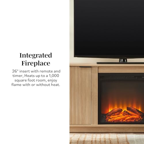 Chloe Reeded TV Stand with Fireplace Insert, 75 Inch, 70 Inch, Coastal Oak