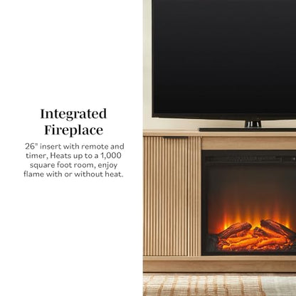Chloe Reeded TV Stand with Fireplace Insert, 75 Inch, 70 Inch, Coastal Oak