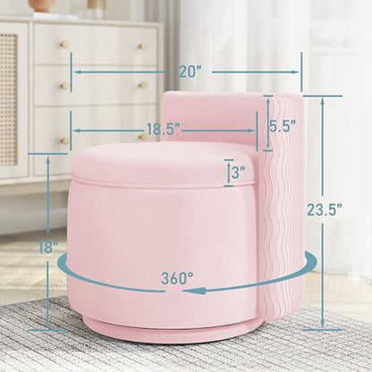 360° Swivel Accent Chair with Storage, Vanity Stool with Back, Velvet Storage Ottoman, Upholstered Round Barrel Vanity Chair for Living Room, Makeup Room, Bedroom (Pink)