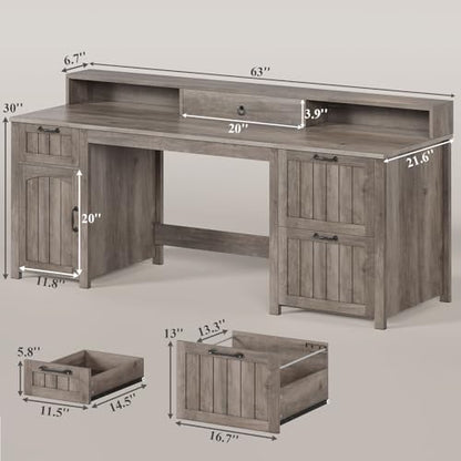Farmhouse 63" Executive Desk, Wood Computer Desk with Drawers and Storage Cabinet, Home Office Desk with File Drawer and Monitor Stand, Wood Desk for Work Study Writing, Grey