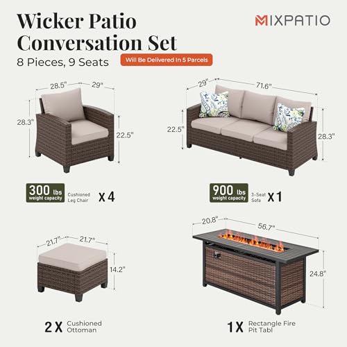 Patio Furniture Set, 8 Pcs Wicker Rattan Outdoor Conversation Set, 4 x Leg Chairs, 1 x 3 Seater Sofa and 2 x Ottoman with 4" Thick Cushion and 56" Fire Pit Table, Beige