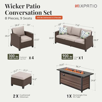 Patio Furniture Set, 8 Pcs Wicker Rattan Outdoor Conversation Set, 4 x Leg Chairs, 1 x 3 Seater Sofa and 2 x Ottoman with 4" Thick Cushion and 56" Fire Pit Table, Beige