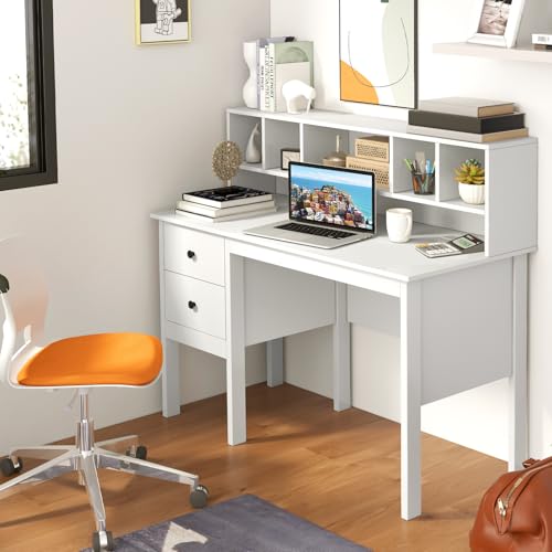 White Desk with Drawers & Hutch, Home Office Desk with Charging Station, view 3