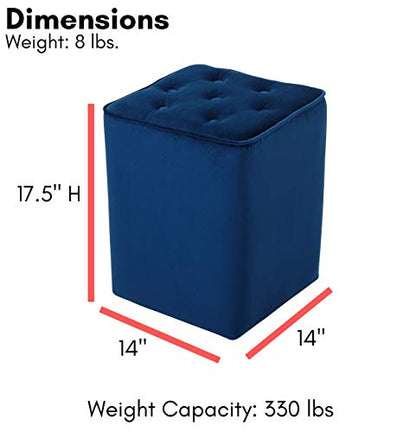 Tufted Navy Velvet Ottoman Foot Stool - Square - Soft Compact Padded Stool - Great for The Living Room, Bedroom and Kids Room - Upholstered Small Furniture