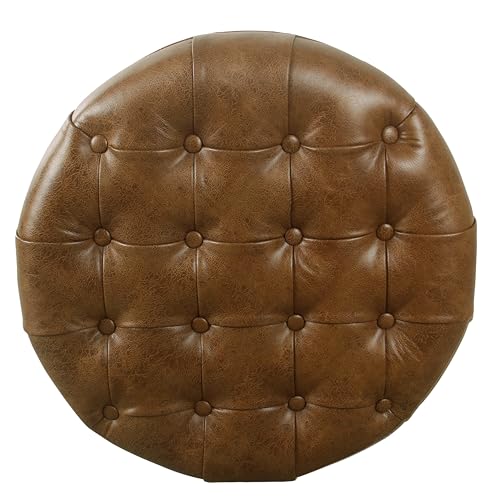 25" Button Tufted Round Storage Ottoman - Brown Faux Leather