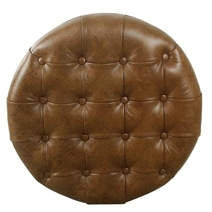 25" Button Tufted Round Storage Ottoman - Brown Faux Leather