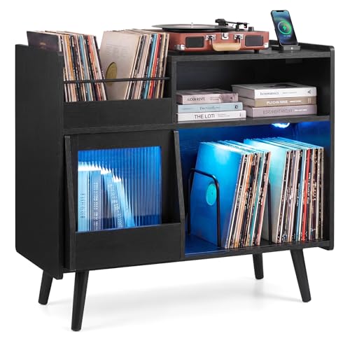 Large Record Player Stand with LED Light & Sliding Door, Black, view 2