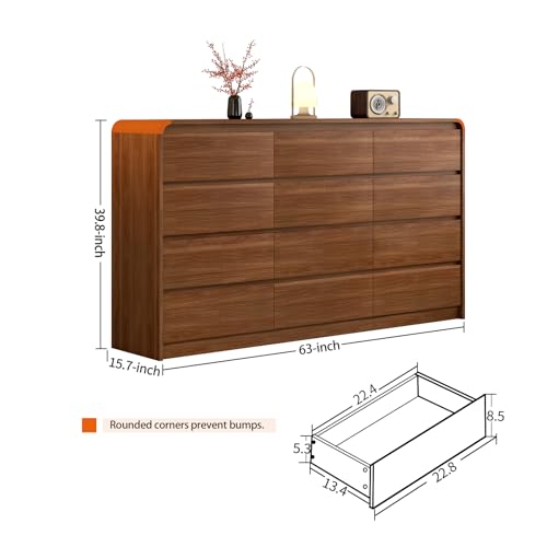 Modern 12-Drawer Dresser 63-Inch Wide, Curved Anti-Collision Design, Mid-Century Storage Cabinet with Pre-Embedded Slots, Sturdy Reusable, Ideal for Bedroom/Living Room/TV (Brown, 12-63)