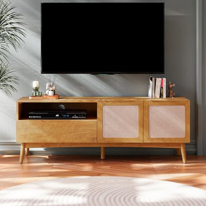 Calista TV Stand 1 Drawer 2 Door – Teak Brown Finish Media Console with Open Shelf & Fabric Panel Doors, Mid-Century Modern Style with Tapered Legs, Easy Assembly