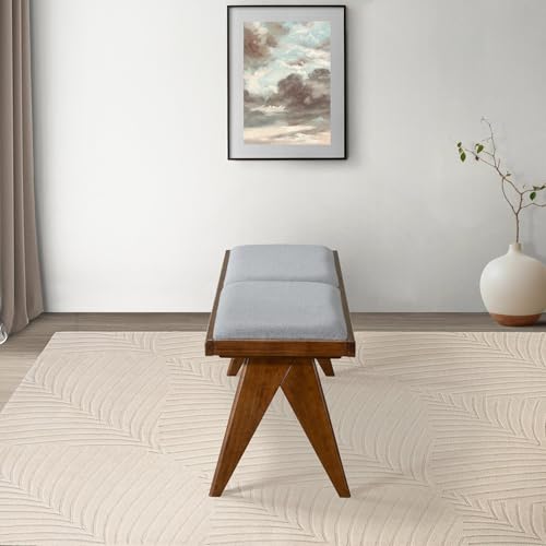 Solid Wood Bench with Grey Fabric Upholstery and Walnut Colored Legs, 51.18 x 14.17 inches