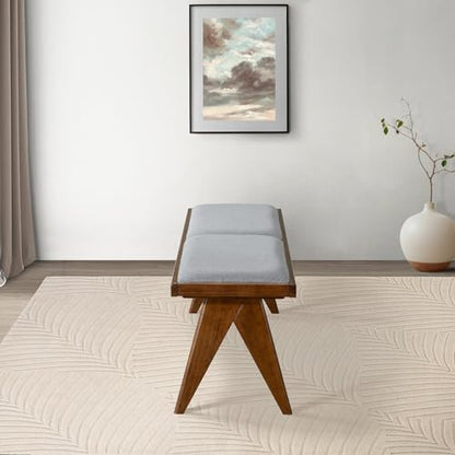 Solid Wood Bench with Grey Fabric Upholstery and Walnut Colored Legs, 51.18 x 14.17 inches