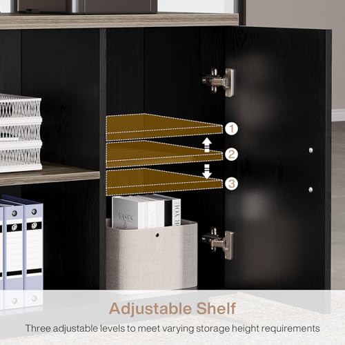 Tribesigns 85.8-Inch L-Shaped Executive Desk, Extra Large Modern Office Desk with File Drawers, Door Cabinet & Shelves, Commercial Office Table, Home Business Workstation, Grey & Black