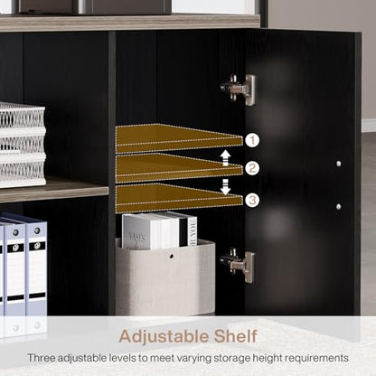 Tribesigns 85.8-Inch L-Shaped Executive Desk, Extra Large Modern Office Desk with File Drawers, Door Cabinet & Shelves, Commercial Office Table, Home Business Workstation, Grey & Black
