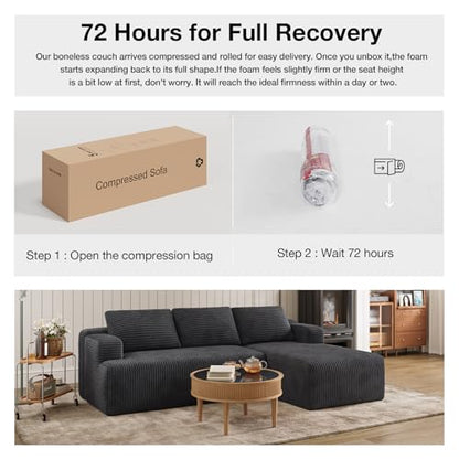 L-Shape Sectional Couches for Living Room with Smarts Coil® Support, 3 Seater Sectional Sofas for Living Room Bedroom, Corduroy Cloud Couch Sectional, No Assembly(Dark Grey, Right Hand Facing)