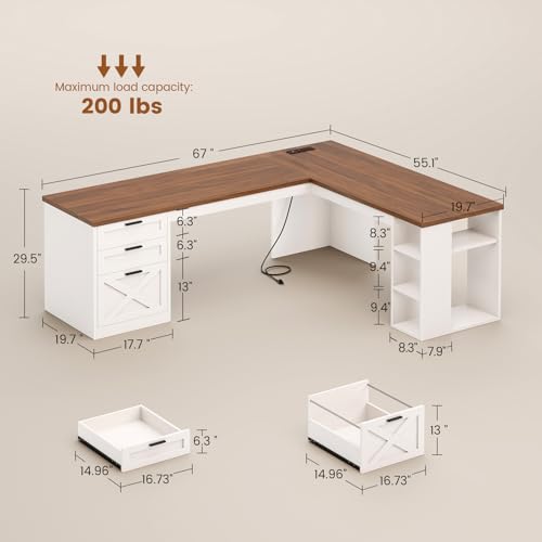 Farmhouse 67" L Shaped Desk with 3 Drawers, White Corner Computer Desk with Storage Shelves, Home Office Desks with Power Outlets，Executive Desk for Home Office, White and Brown