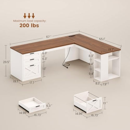 Farmhouse 67" L Shaped Desk with 3 Drawers, White Corner Computer Desk with Storage Shelves, Home Office Desks with Power Outlets，Executive Desk for Home Office, White and Brown