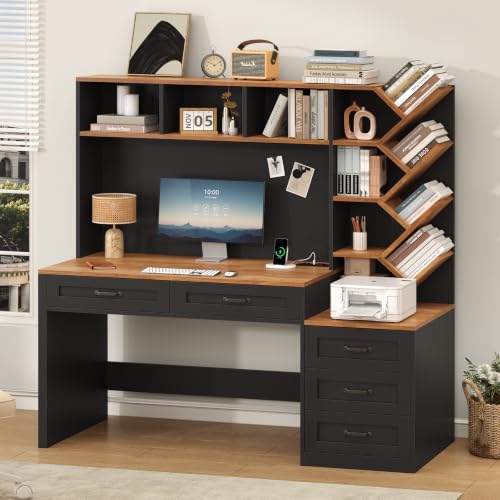 55" Computer Desk with Bookshelf, Drawers ＆ Hutch for Bedroom, Home Office, view 5
